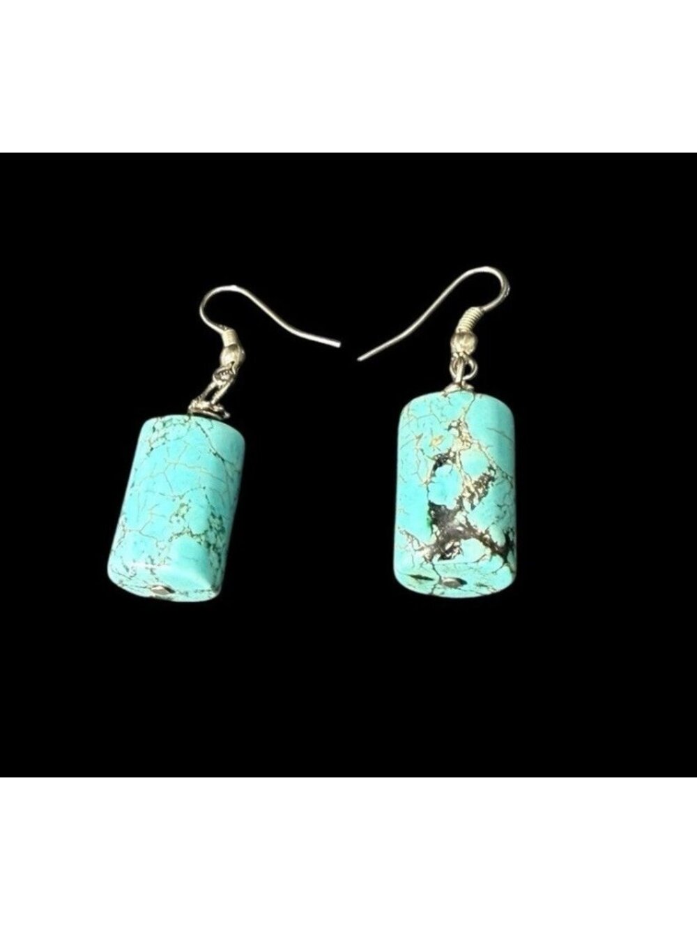 Natural Blue Turquoise Tube Bead & Sterling Silver 925 Dangle Drop Earrings